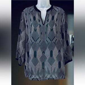 Coldwater Creek Women's Size L (14) Black Semi Sheer Tunic Top Geometric Office